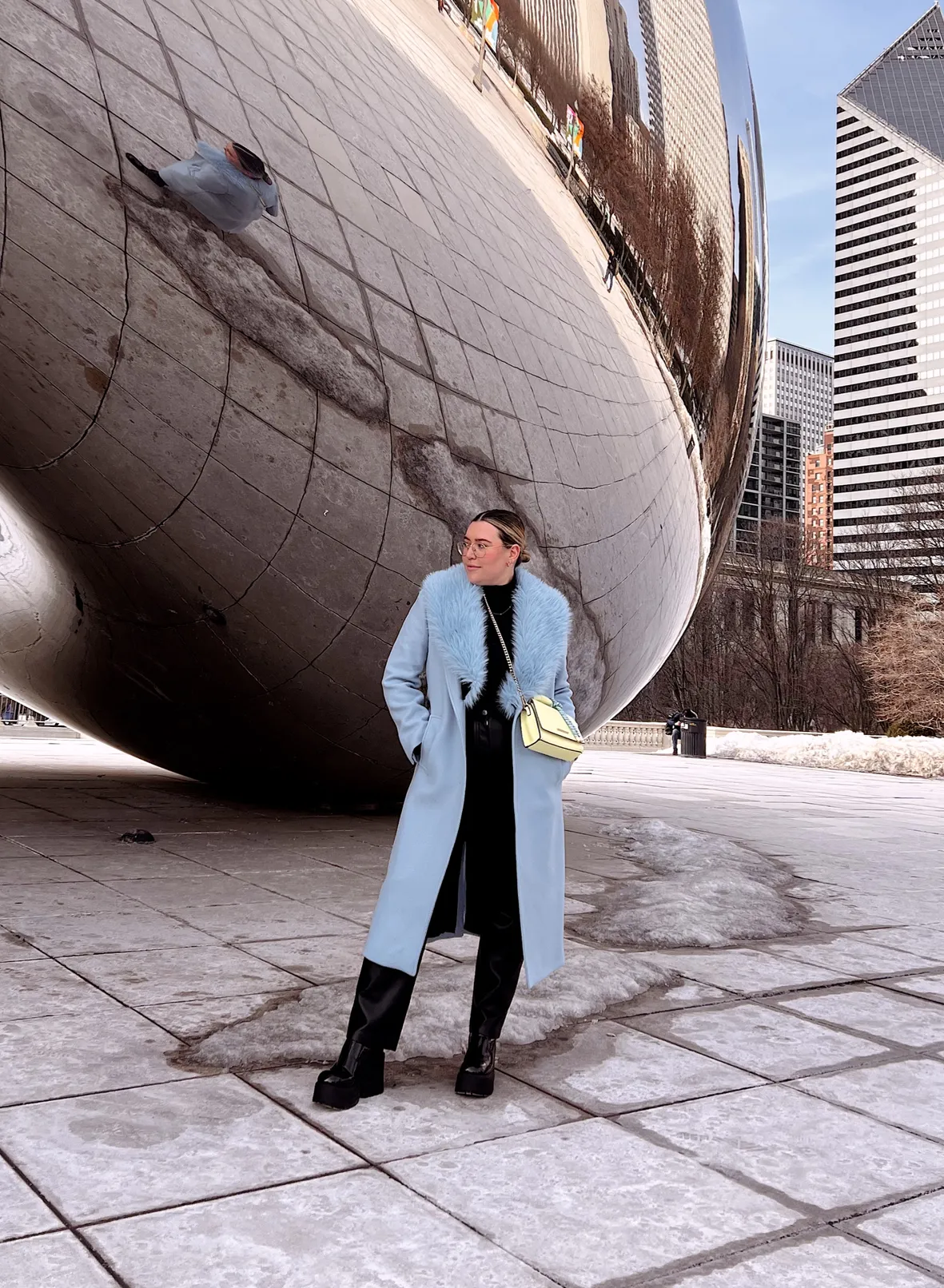 Chic Winter Outing: Blue Wool Coat with Faux Fur Collar — Chicago Winter Outfits
