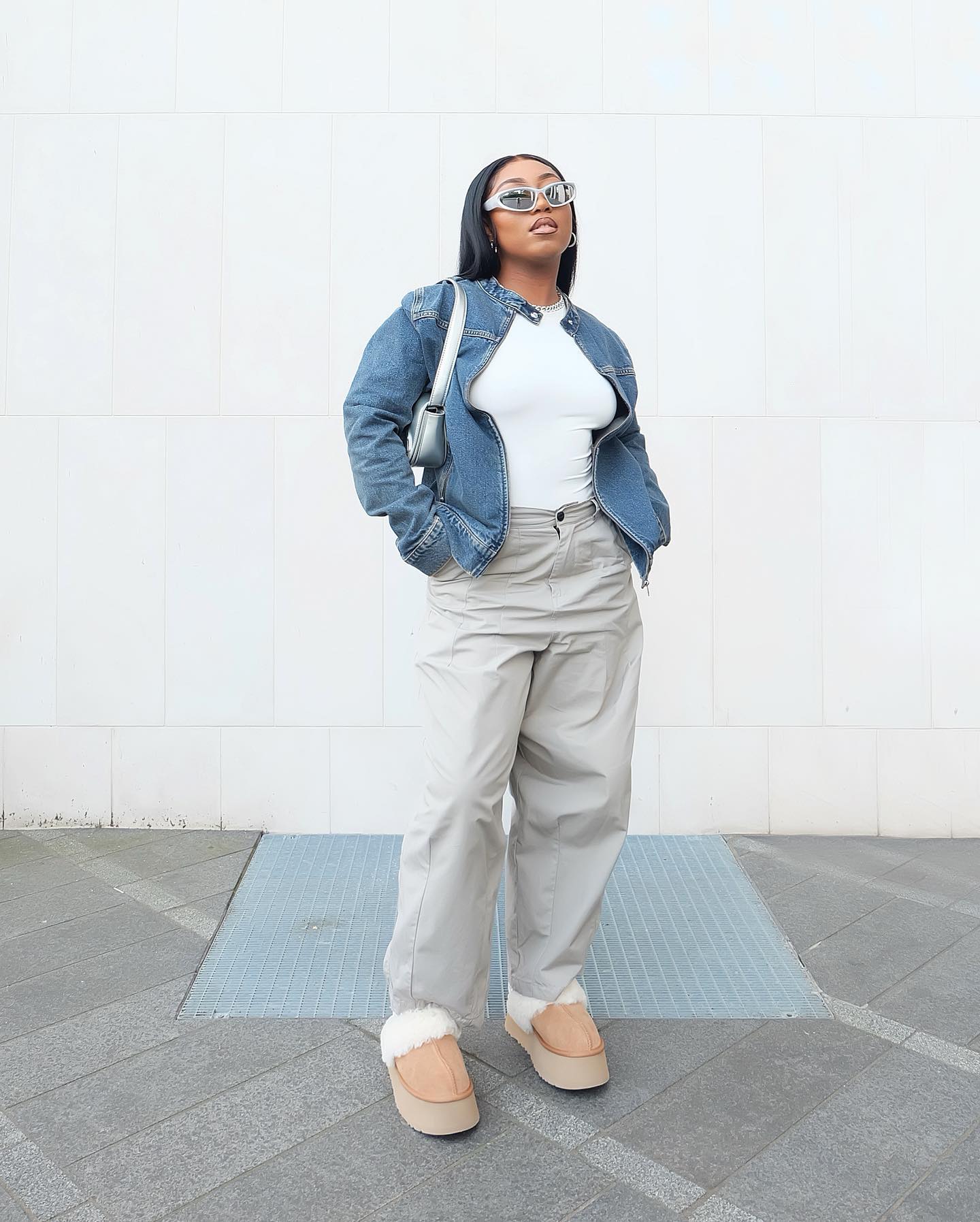 Denim Jacket and Grey Trousers with Shearling Clogs — Ugg Slippers Outfits