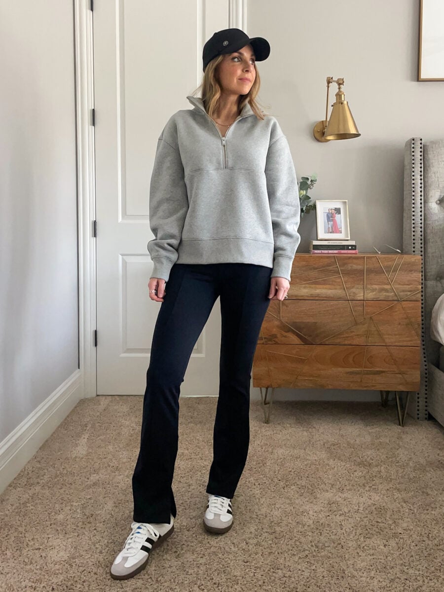 Quarter-Zip Sweatshirt with Flare Leggings and Cap — Winter Athleisure Outfits