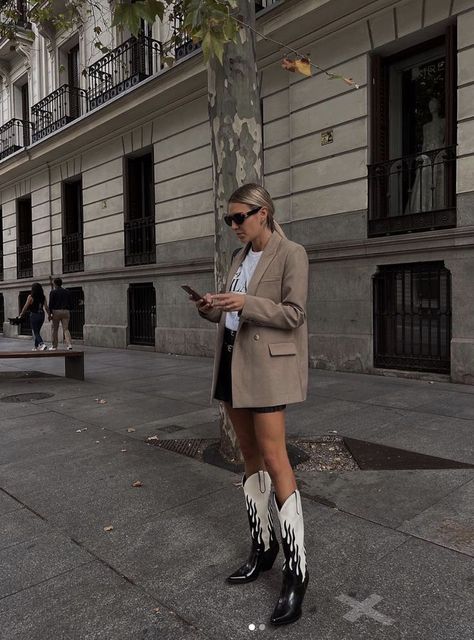 Statement Cowboy Boots with Blazer and Mini Skirt — Knee High Boots Outfits