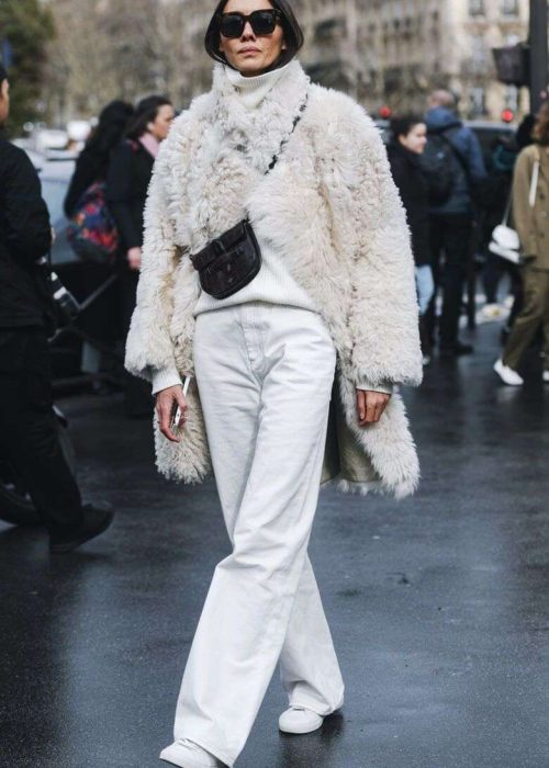 White Jeans with Faux Fur Coat and Turtleneck — Winter Outfits with Jeans