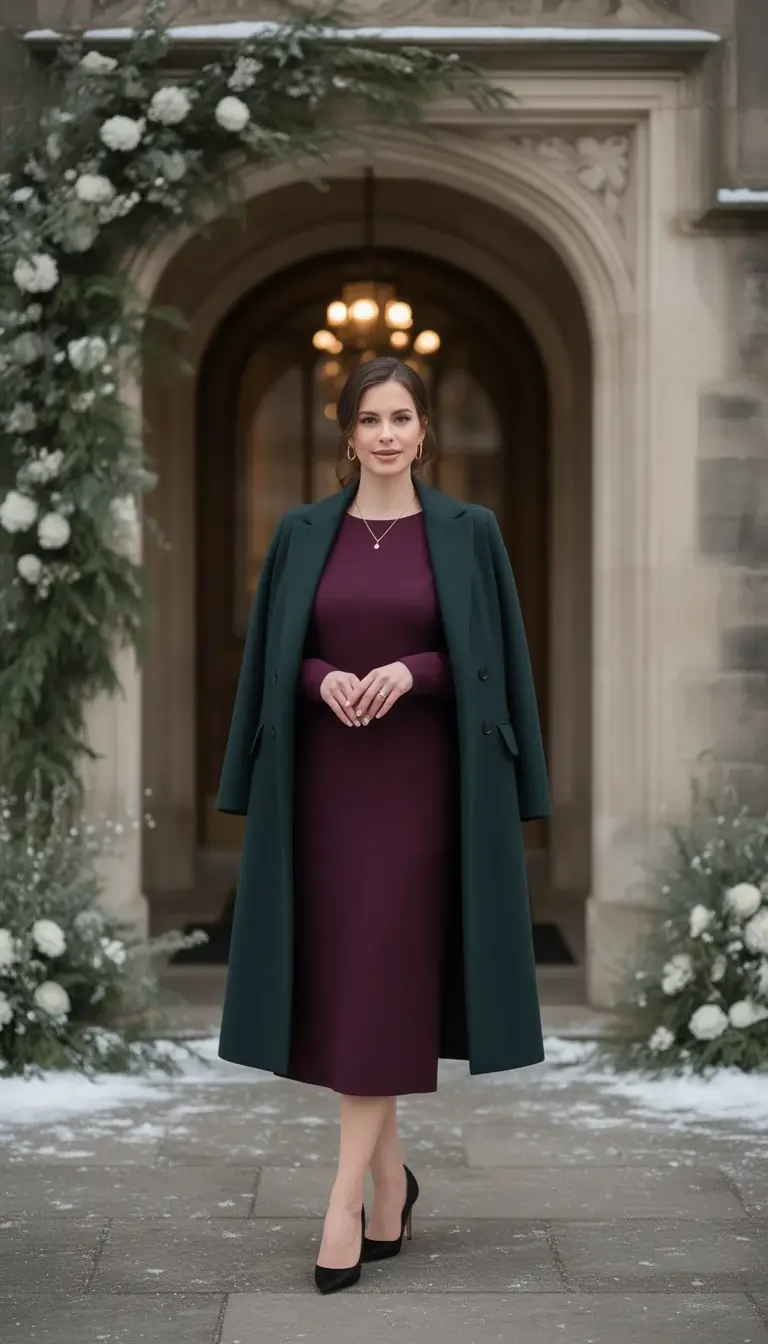 Burgundy Midi Dress with Matching Green Coat Burgundy Midi Dress with Matching Green Coat — Winter Wedding Guest Outfits