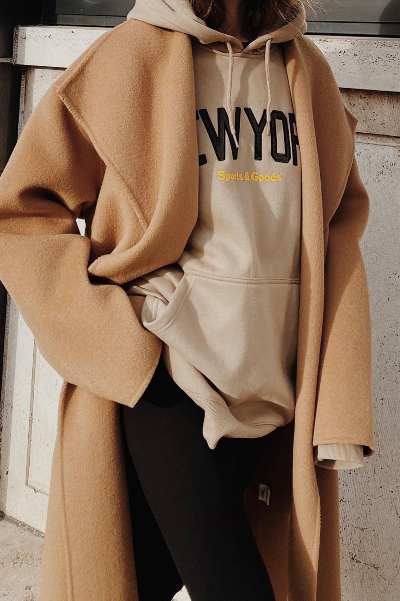Beige Hoodie Under an Oversized Wool Coat Beige Hoodie Under an Oversized Wool Coat — Hoodie Outfits