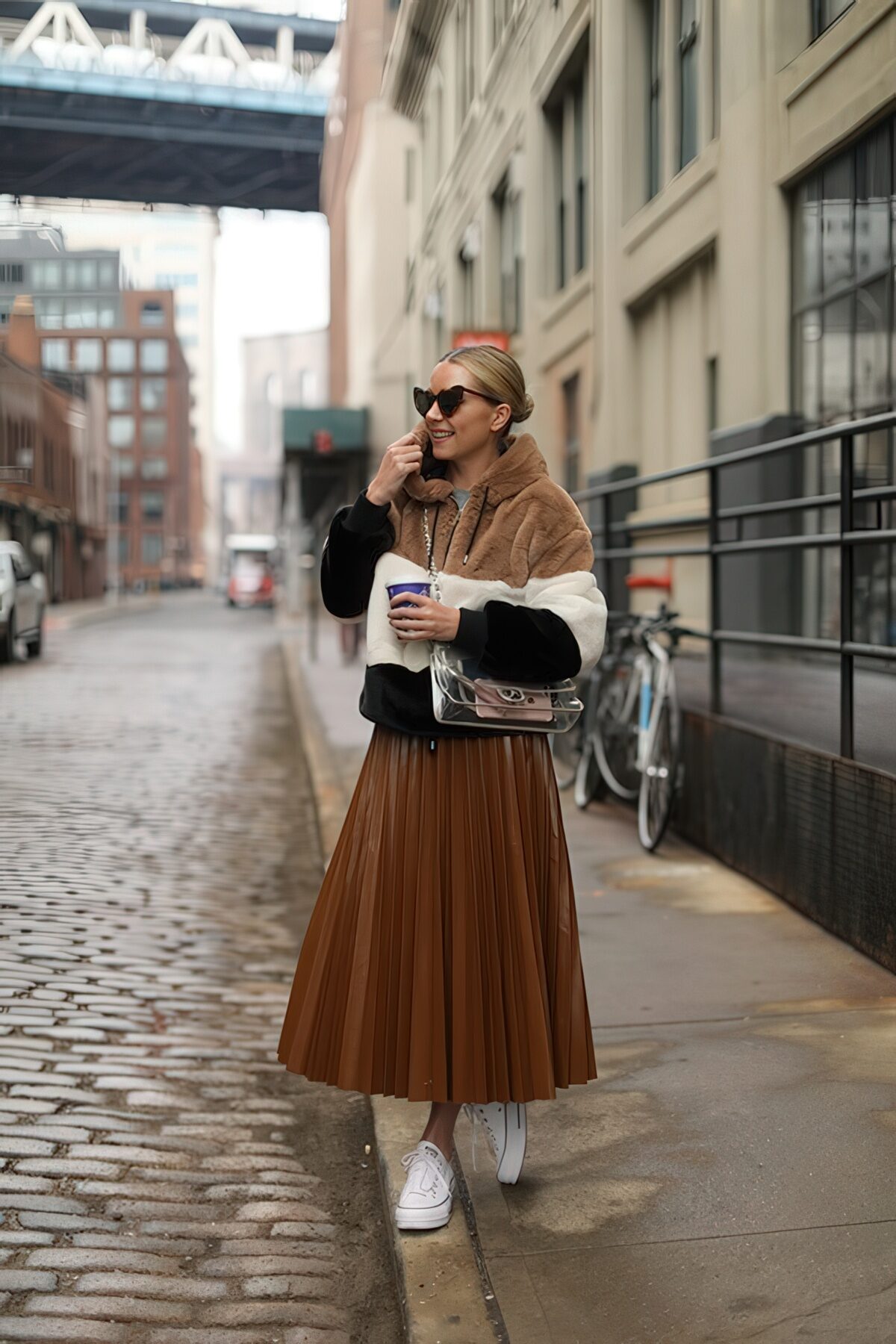 Faux Leather Pleated Midi Skirt with Hooded Jacket — Winter Skirt Outfits