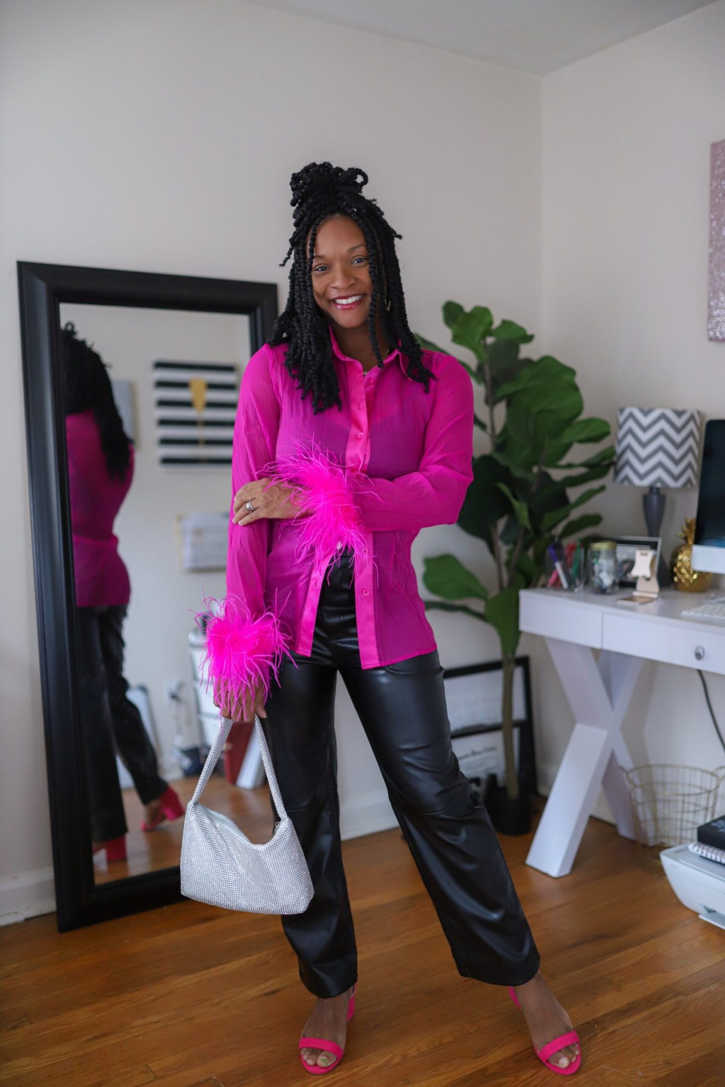 Eye-Catching Evening: Leather Pants with Feather-Trimmed Sheer Top Eye-Catching Evening: Leather Pants with Feather-Trimmed Sheer Top — Leather Pants Outfits