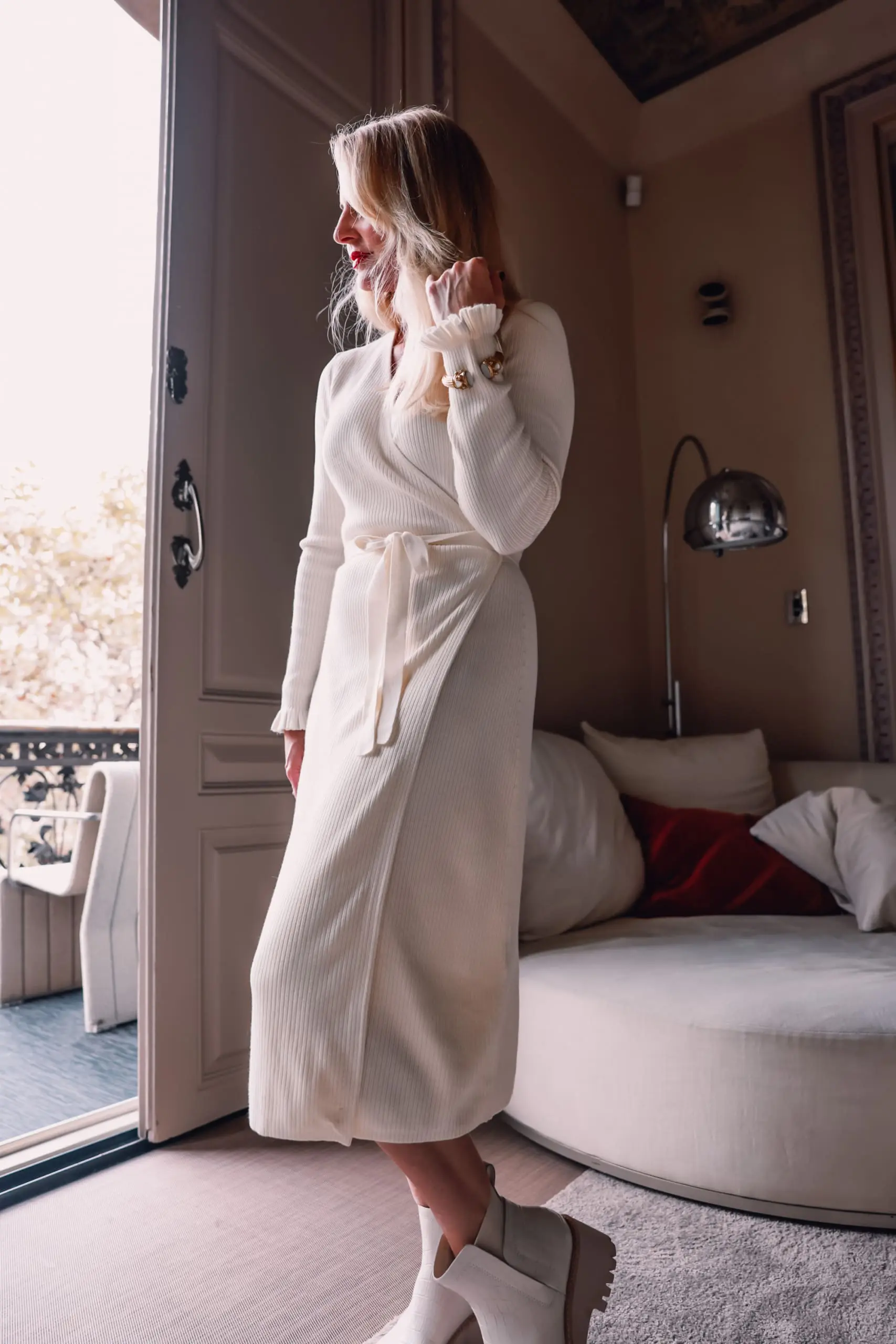 White Ribbed Knit Wrap Sweater Dress with Tie Waist — Winter Dress Outfits