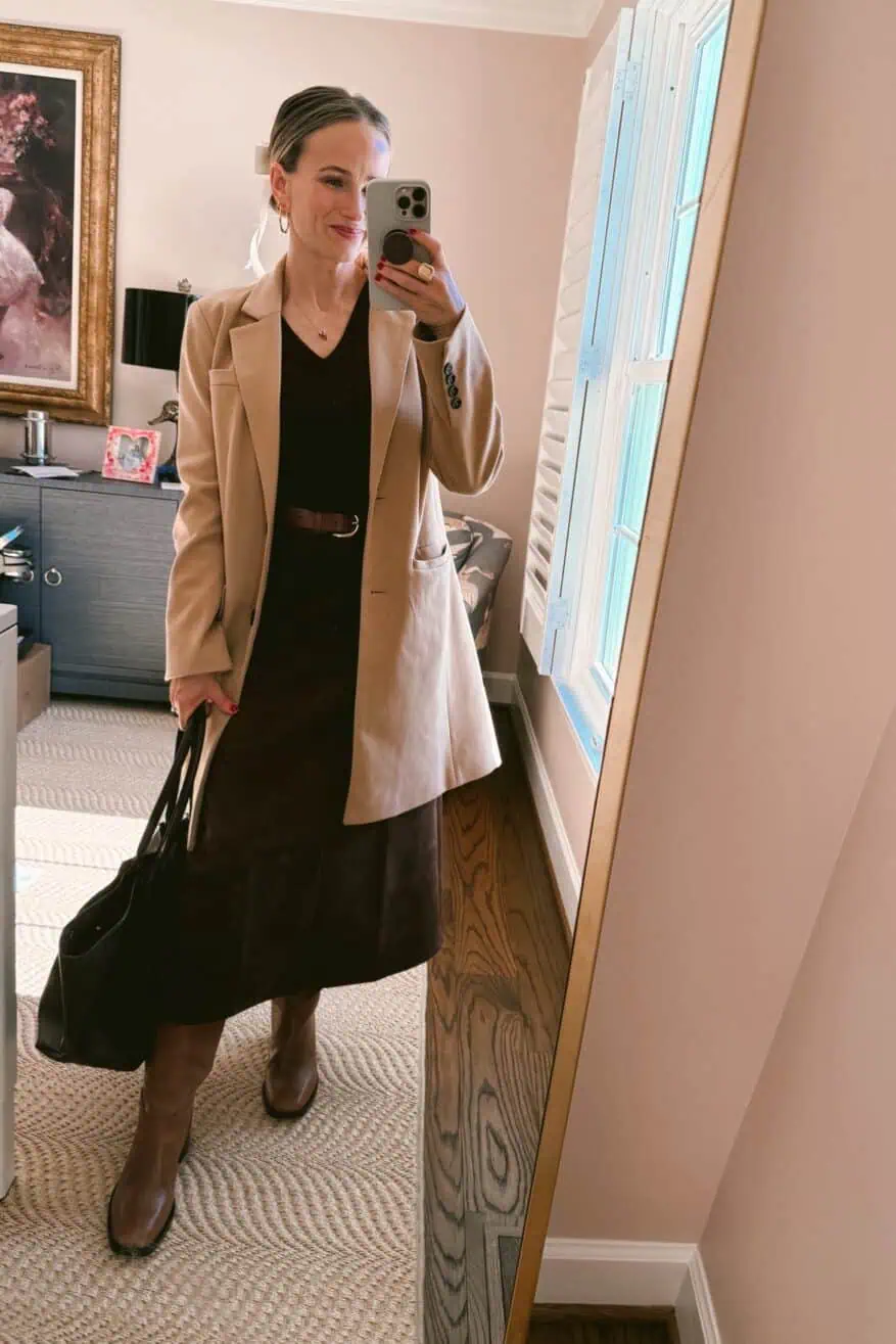 Beige Trench Coat over a Midi Dress for Smart Casual Workwear — Late Winter Outfits