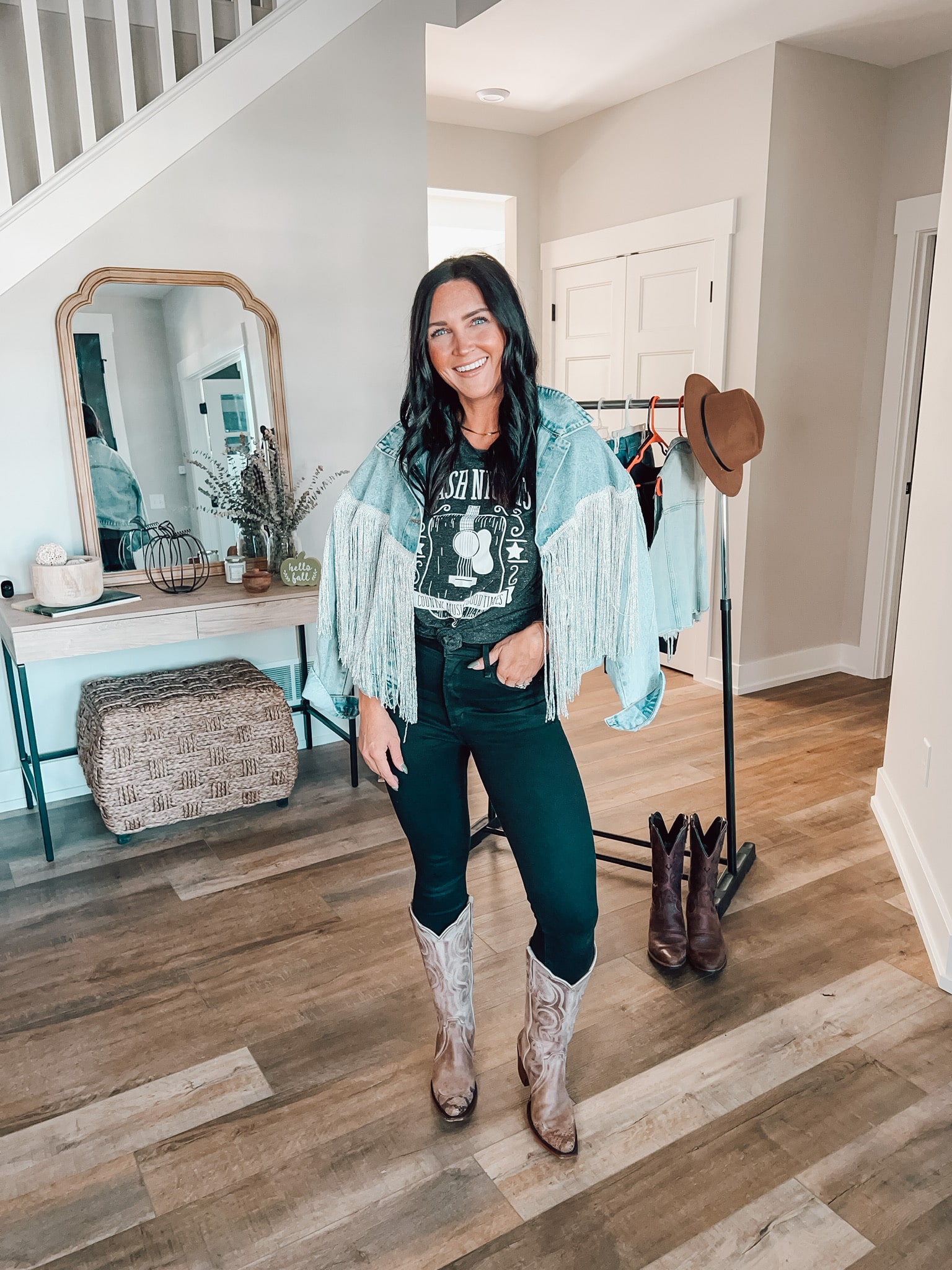 Denim Jacket with Fringe and Cowboy Boots for a Country Concert — Winter Concert Outfits