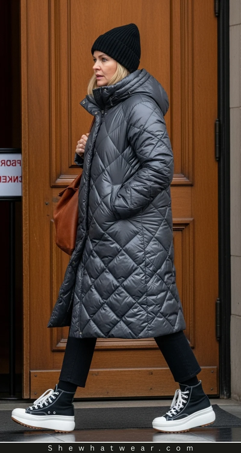 Quilted Puffer with Platform Sneakers Quilted Puffer with Platform Sneakers — Long Puffer Coat Outfits