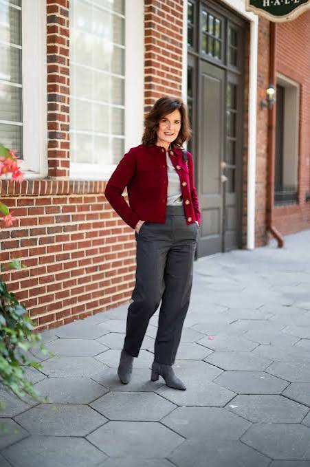Vibrant Cardigan and Grey Trousers with Matching Ankle Boots — Ankle Boots Outfits
