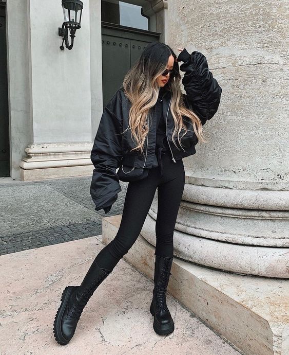 Satin Bomber Jacket with Voluminous Sleeves for a Statement Casual — All Black Winter Outfits