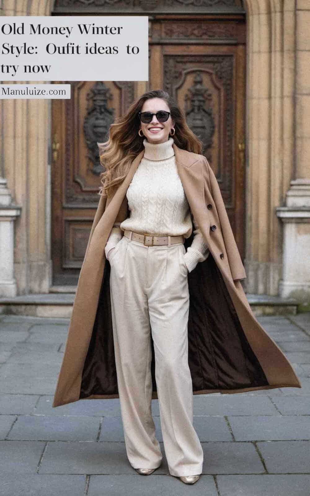 Camel Wool Coat Over Cream Turtleneck and Beige Trousers Camel Wool Coat Over Cream Turtleneck and Beige Trousers — Preppy Winter Outfits