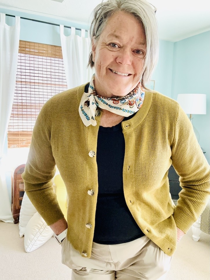 Black Wool Coat with Striped Top and Bright Pink Scarf — Winter Outfits for Women Over 50