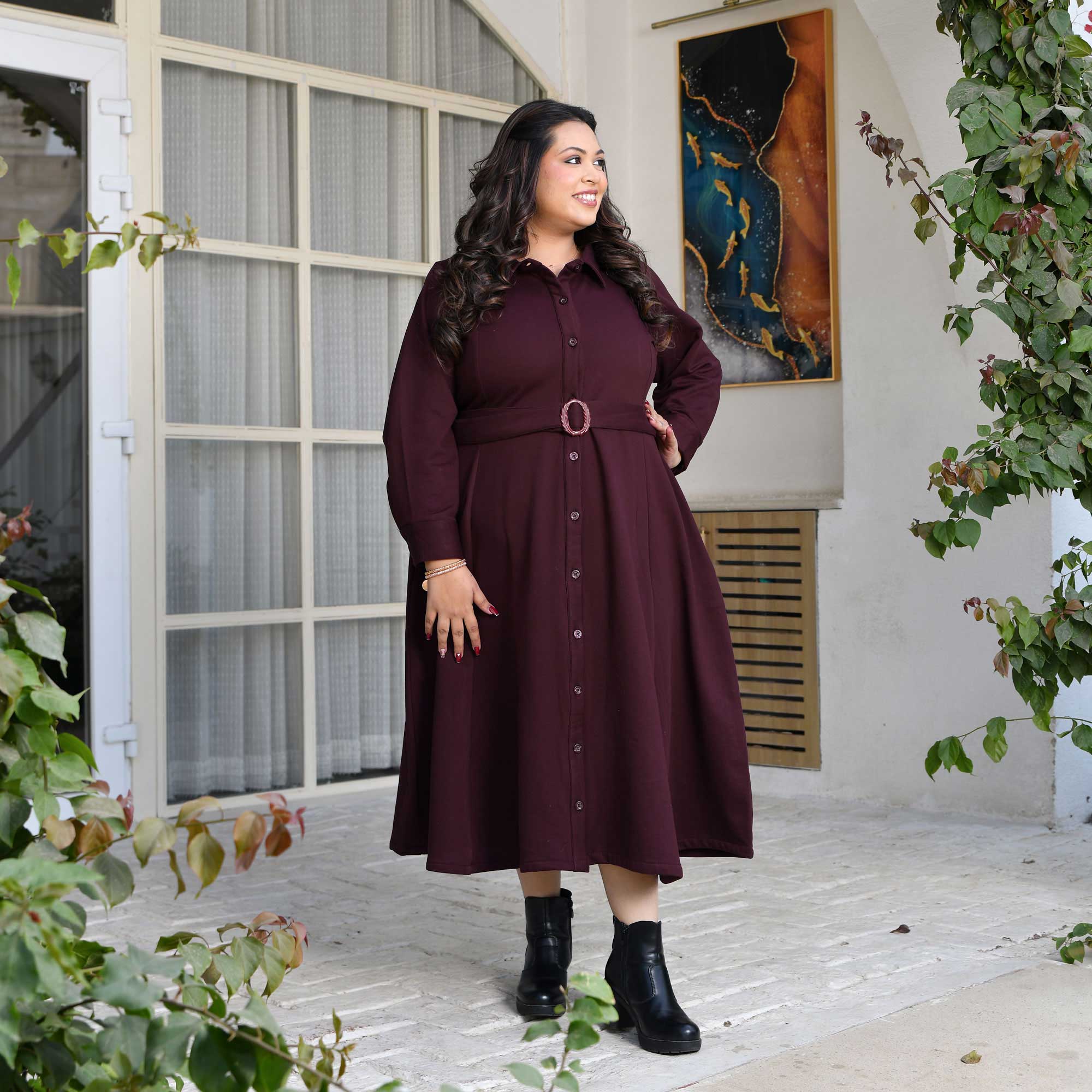 Textured Burgundy Midi Dress with Belt for Church Textured Burgundy Midi Dress with Belt for Church — Winter Church Outfits