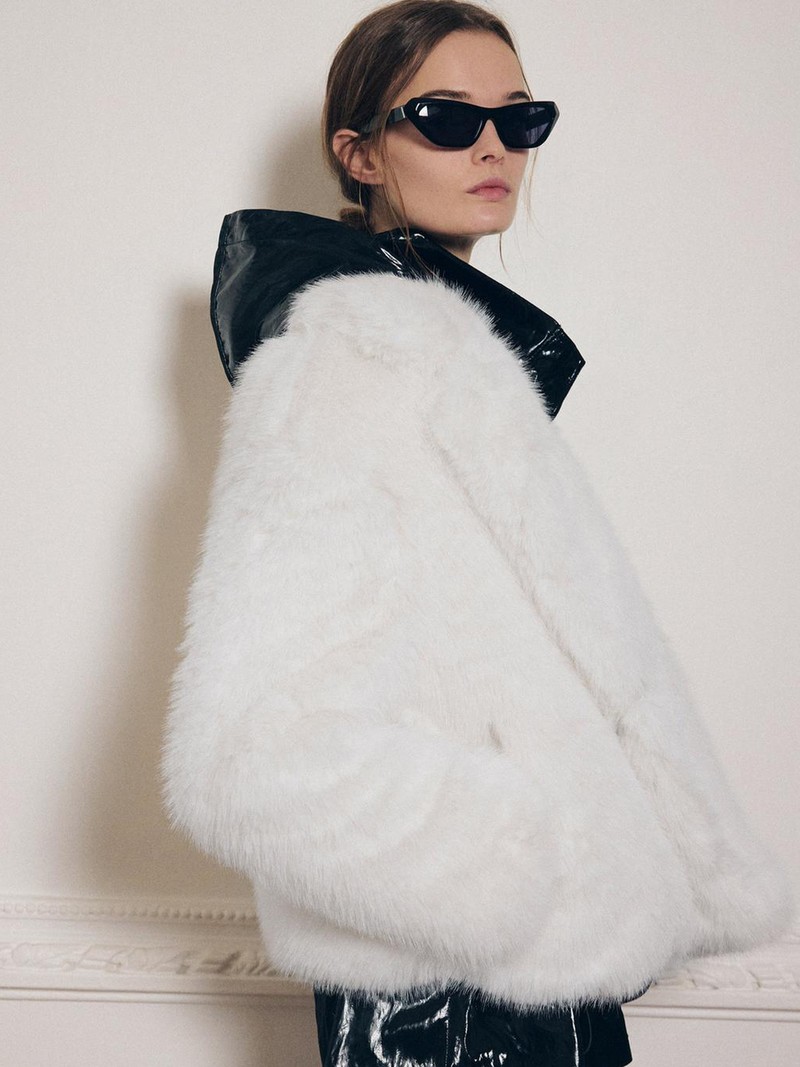 White Faux Fur Cropped Jacket with Black Details — Winter Jackets for Women