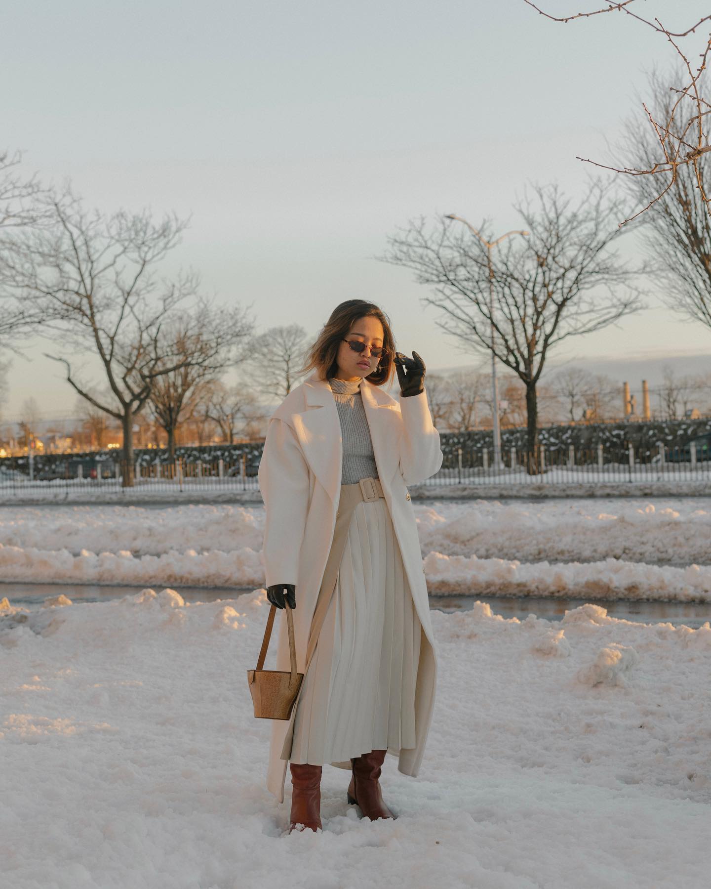 Long Coat and Knit Sweater with Pleated Midi Skirt — Grunge Winter Outfits