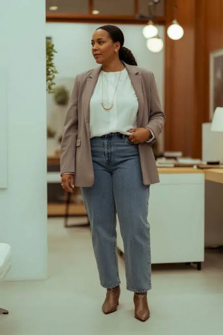 Straight-Leg Jeans with a Taupe Blazer and White Blouse — Winter Outfits with Jeans