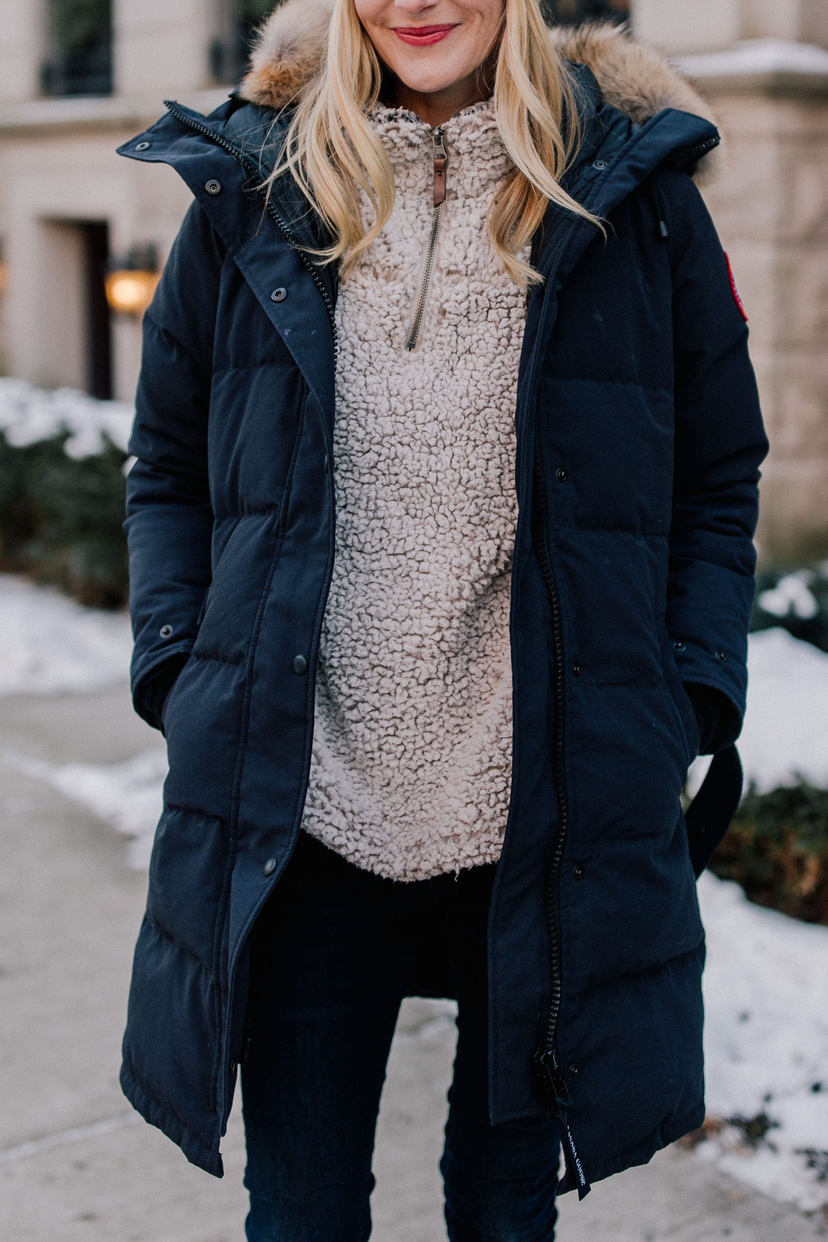 Layered Warmth: Puffer Coat over Sherpa Pullover — Chicago Winter Outfits