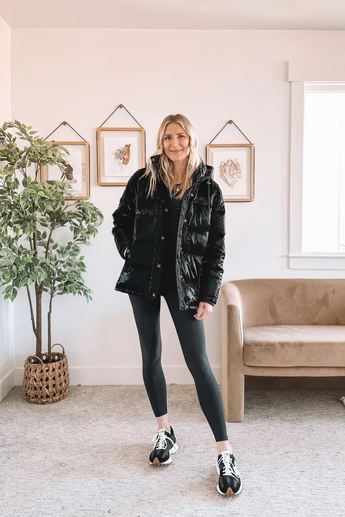 Shiny Puffer Jacket and Leggings with Sneakers for Athleisure Cool — All Black Winter Outfits