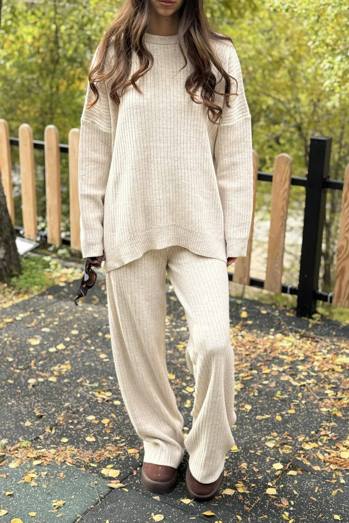 Light Beige Oversized Knit Sweater and Wide-Leg Pants — Knit Set Outfits