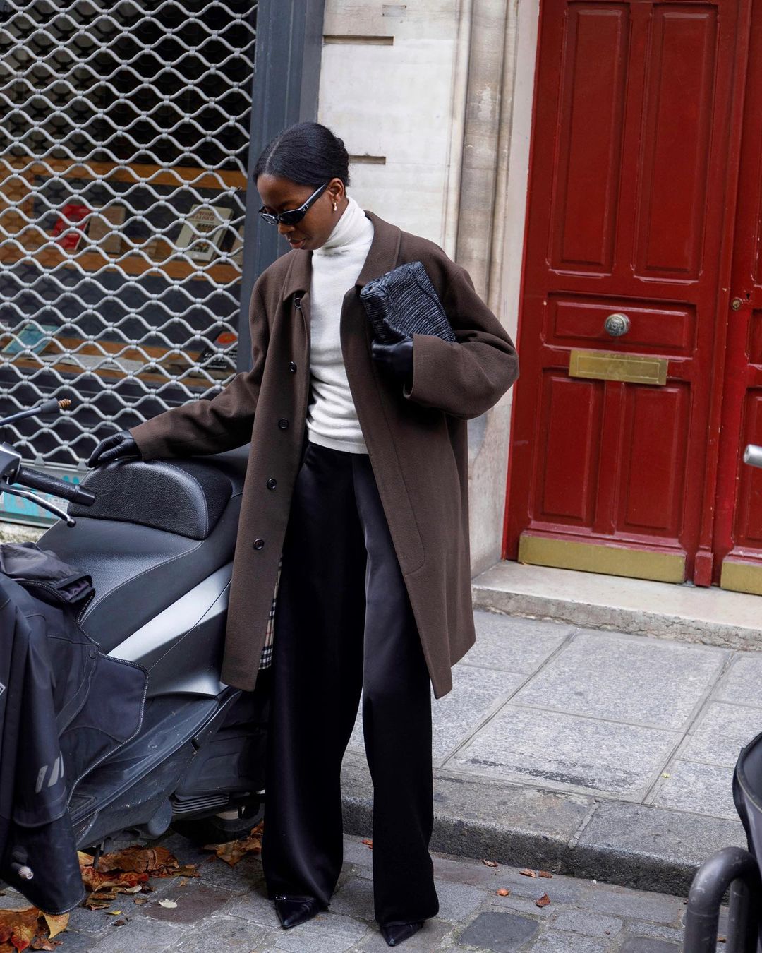 Brown Wool Coat with Satin Trousers and Turtleneck — Winter Capsule Wardrobe