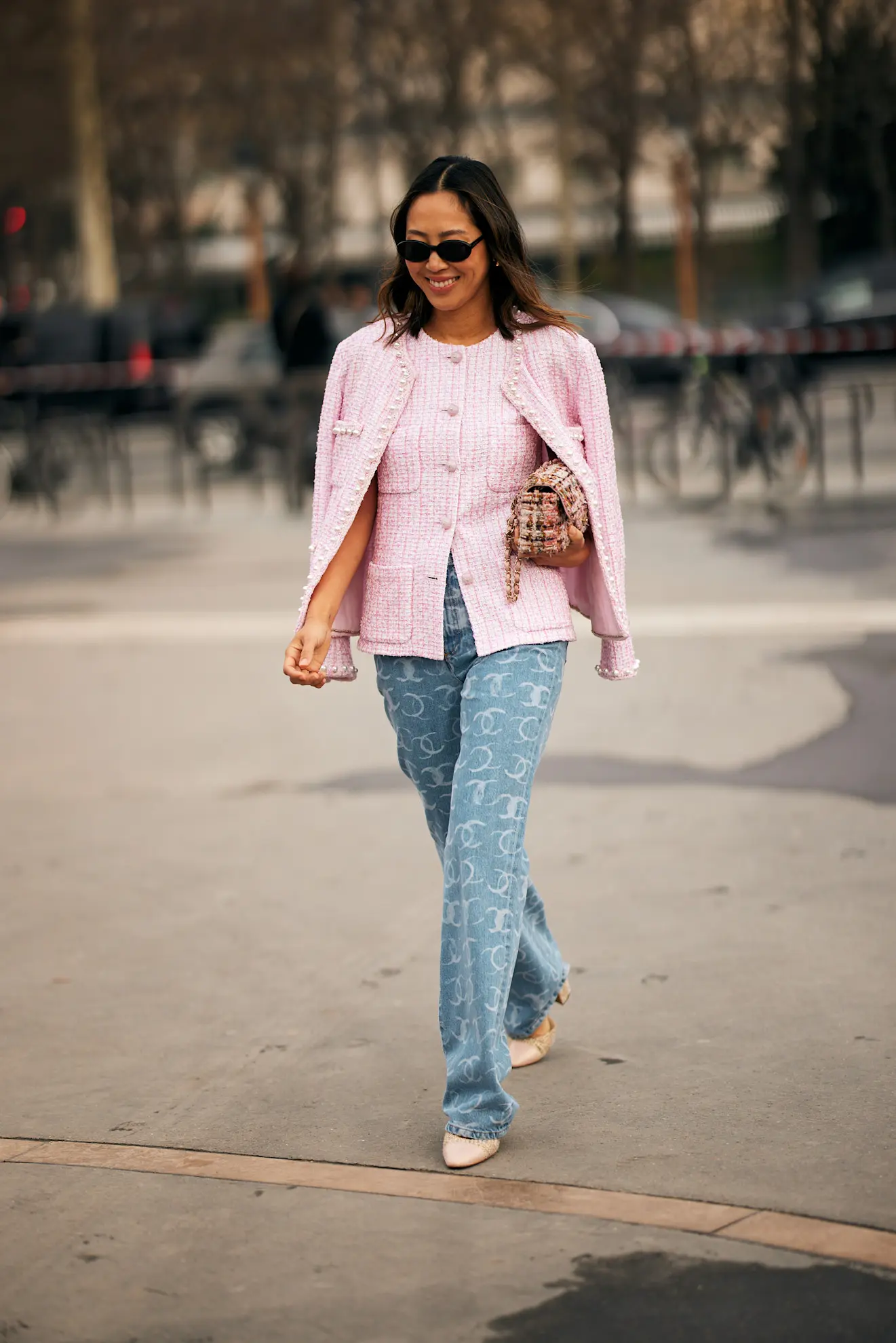 Playful Pink Tweed Jacket with Monogrammed Denim — Paris Winter Outfits