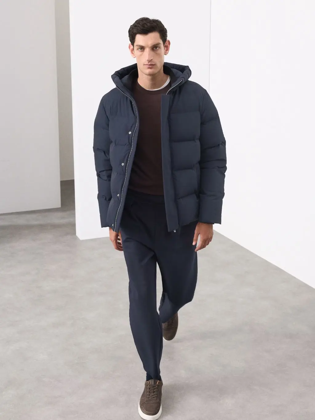 Outdoor Ready: Navy Puffer Jacket and Crew Neck Outdoor Ready: Navy Puffer Jacket and Crew Neck — Winter Outfits for Men