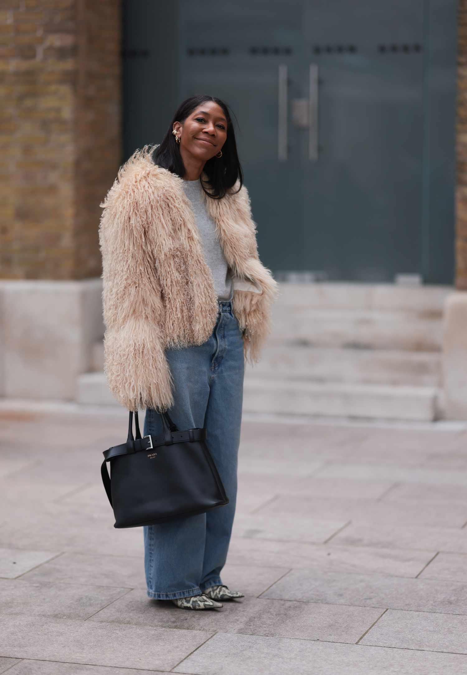 Faux Fur Jacket with Jeans and Knit Sweater — Winter Athleisure Outfits