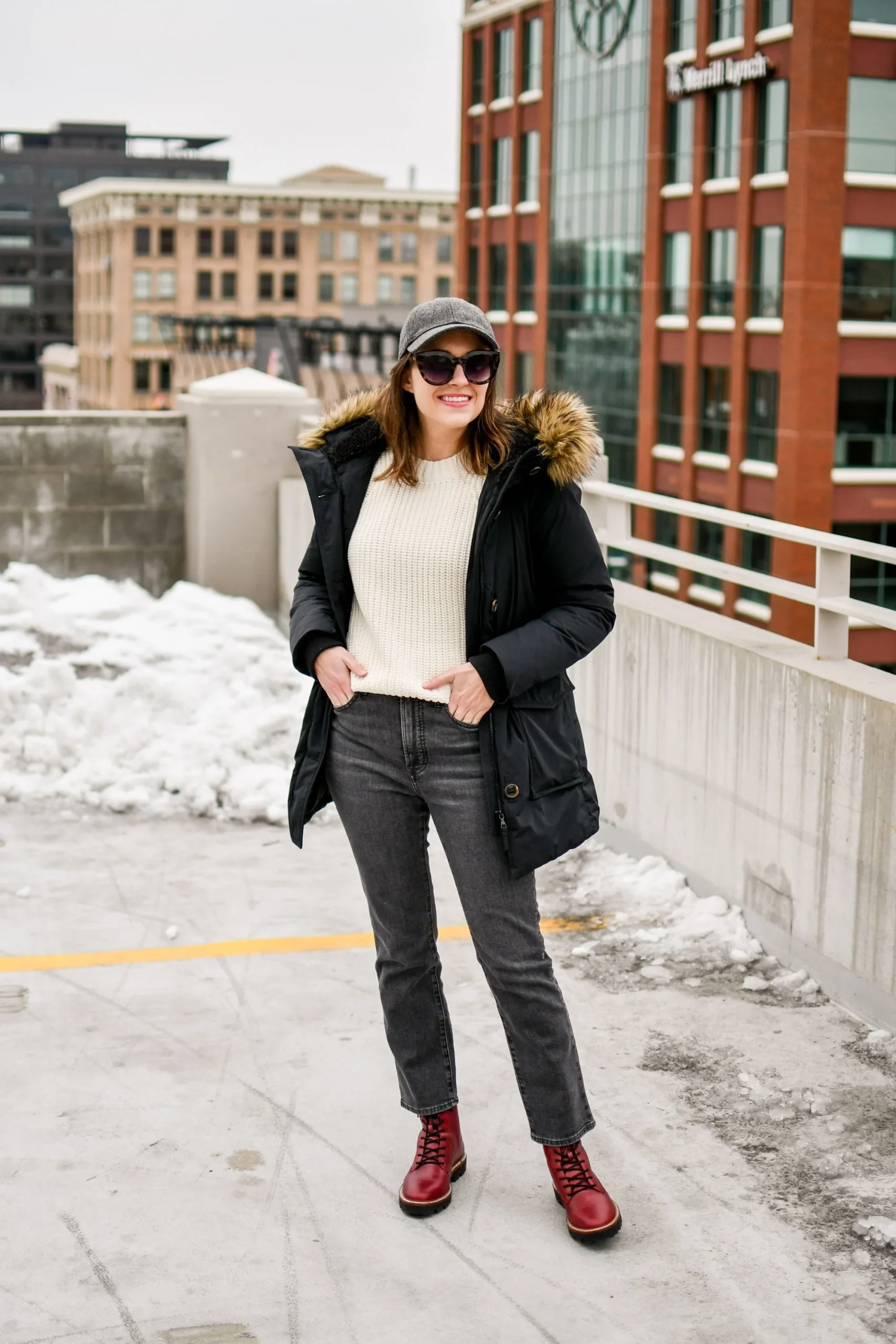 Parka with Fur Trim and Red Lace-Up Boots Parka with Fur Trim and Red Lace-Up Boots — Snow Boots Outfits
