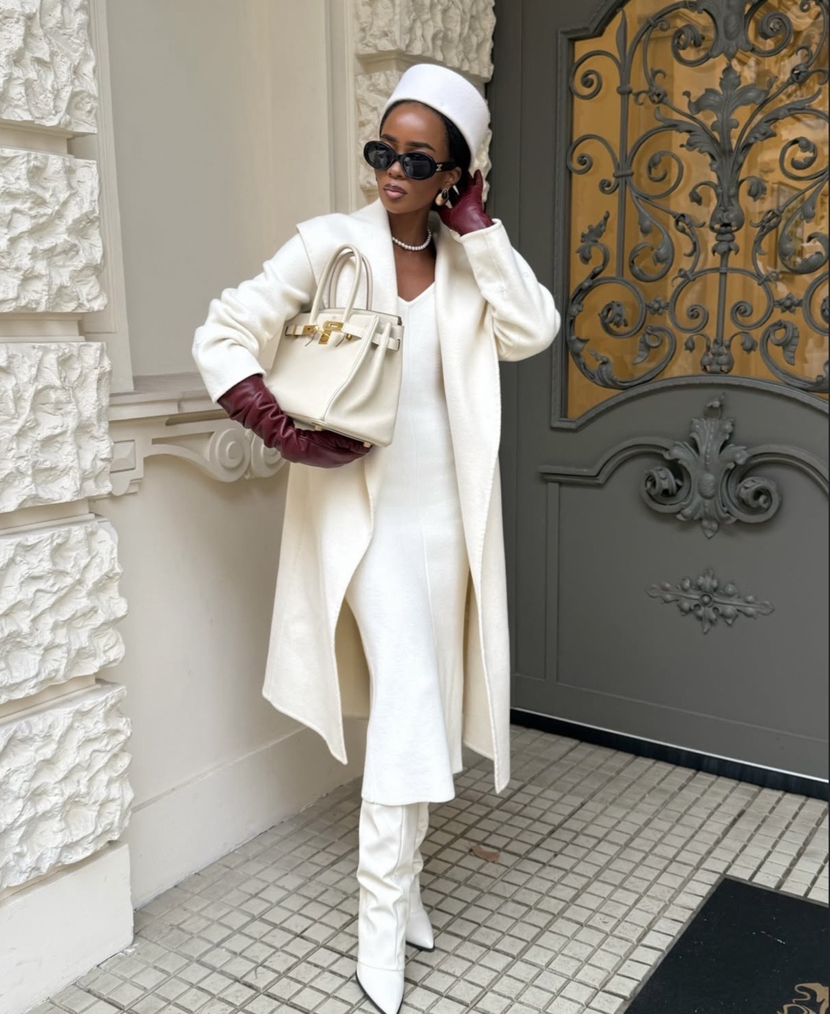 Monochromatic Ivory Knit Dress and Long White Coat Ensemble — Winter Date Night Outfits