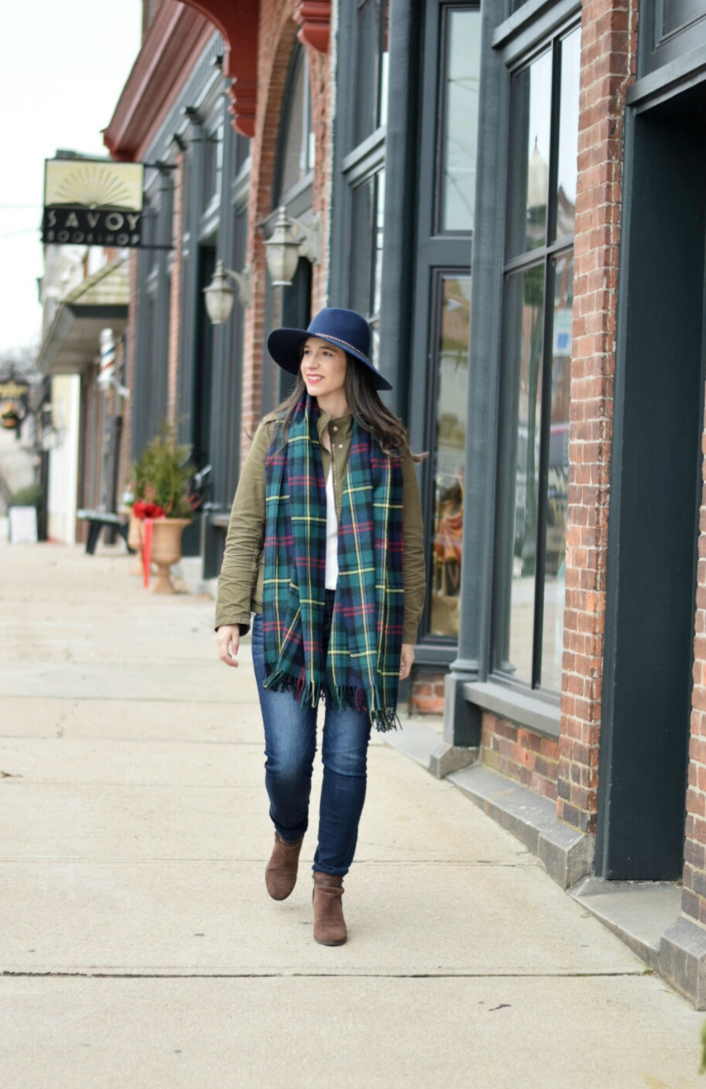 Olive Jacket and Plaid Scarf for an Everyday Teacher Look — Winter Teacher Outfits