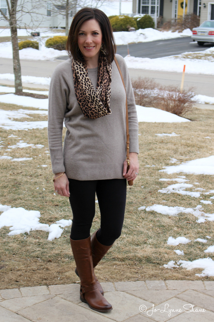 Effortless Layering: Beige Sweater and Leopard Scarf — Winter Outfits for Women Over 40