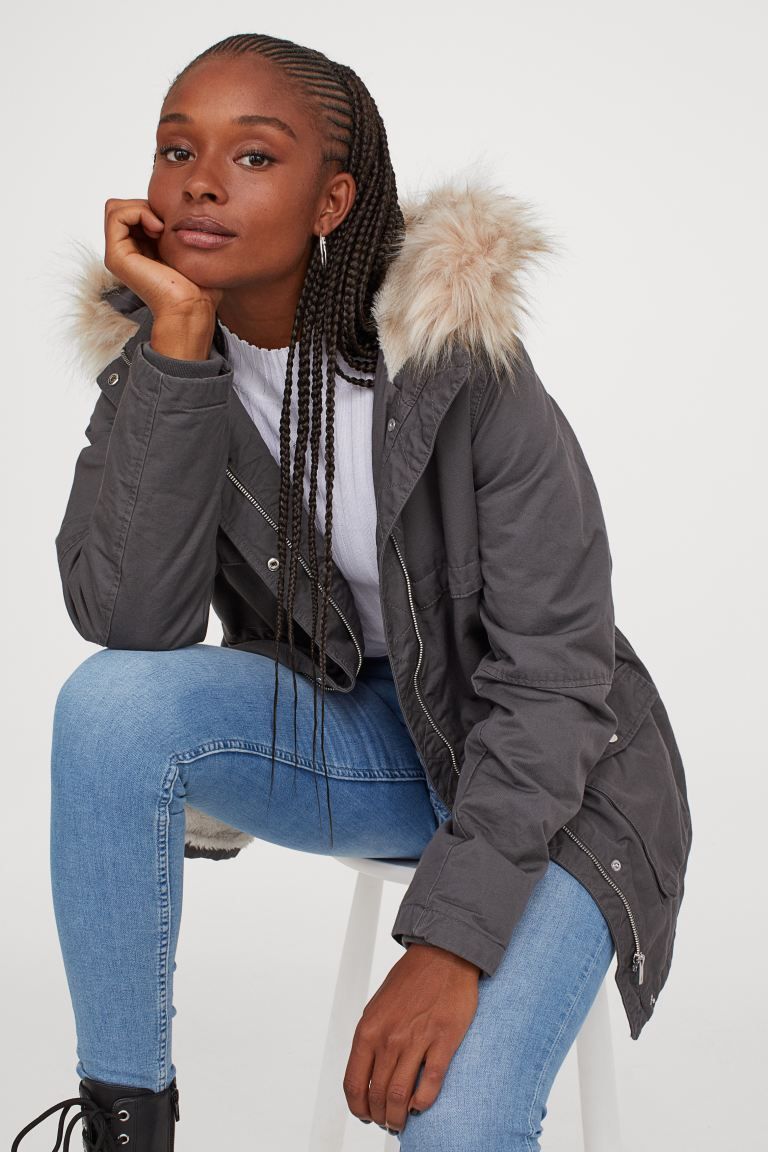 Grey Parka with Fur-Lined Hood and Skinny Jeans — Parka Outfits
