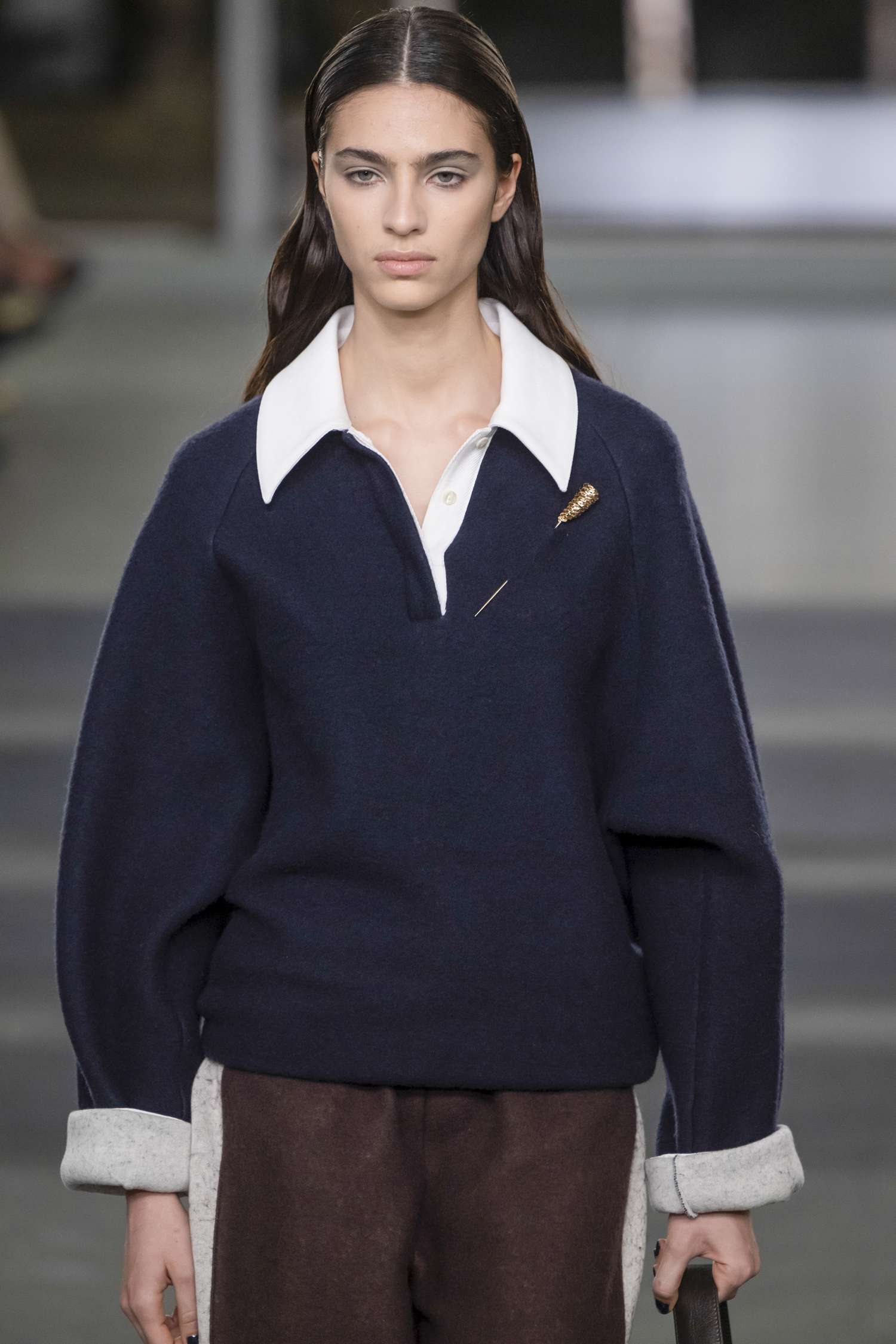 Navy Collared Sweater Over Striped Shirt with Gold Pin Navy Collared Sweater Over Striped Shirt with Gold Pin — Preppy Winter Outfits