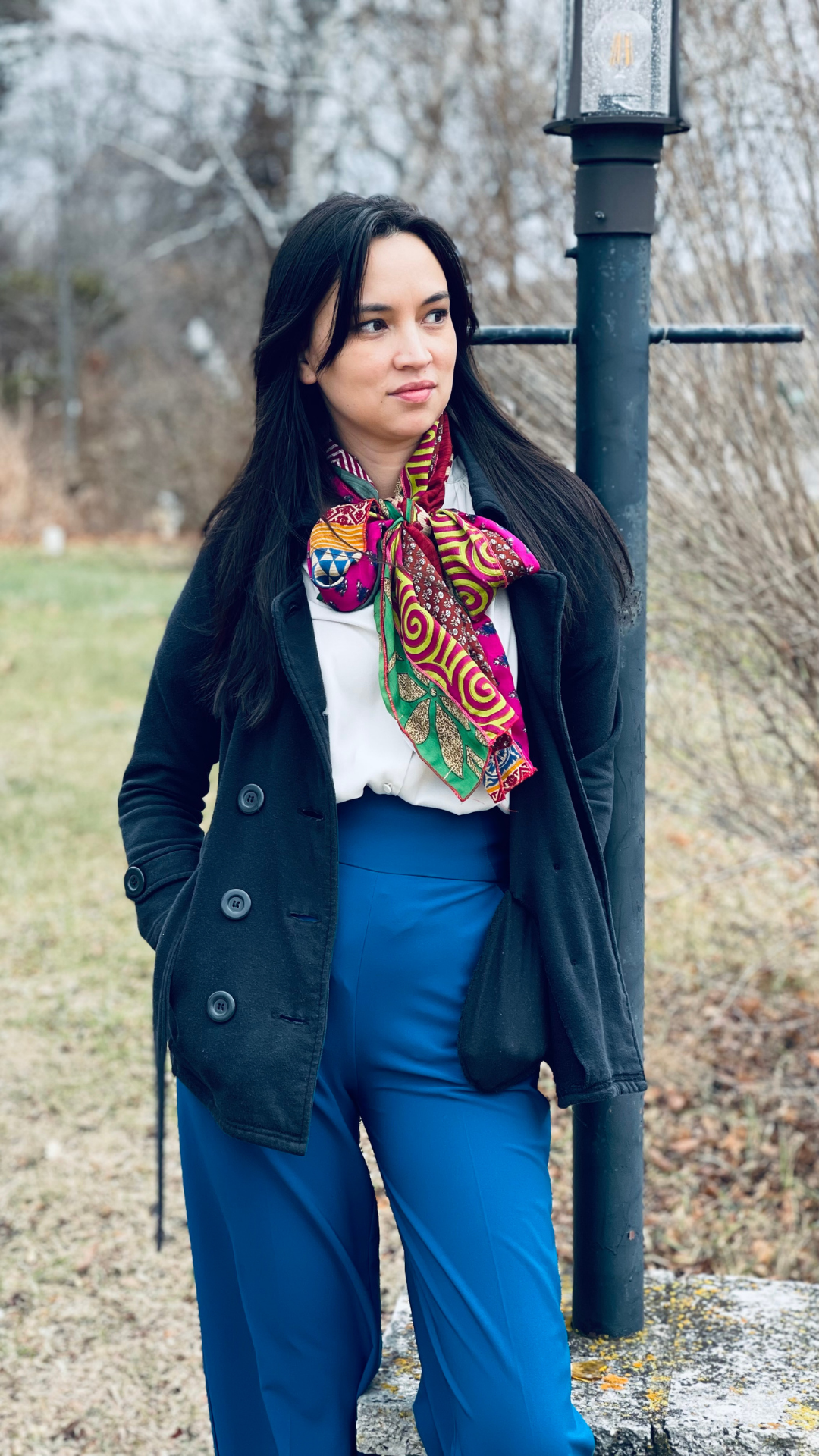 Adding a Scarf to a Blazer and Trousers for a Church Outfit Adding a Scarf to a Blazer and Trousers for a Church Outfit — Winter Church Outfits