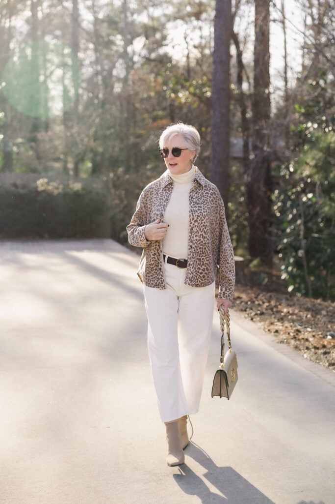Leopard Print Jacket with Cream Turtleneck and Straight-Leg Jeans — Winter Outfits for Women Over 50