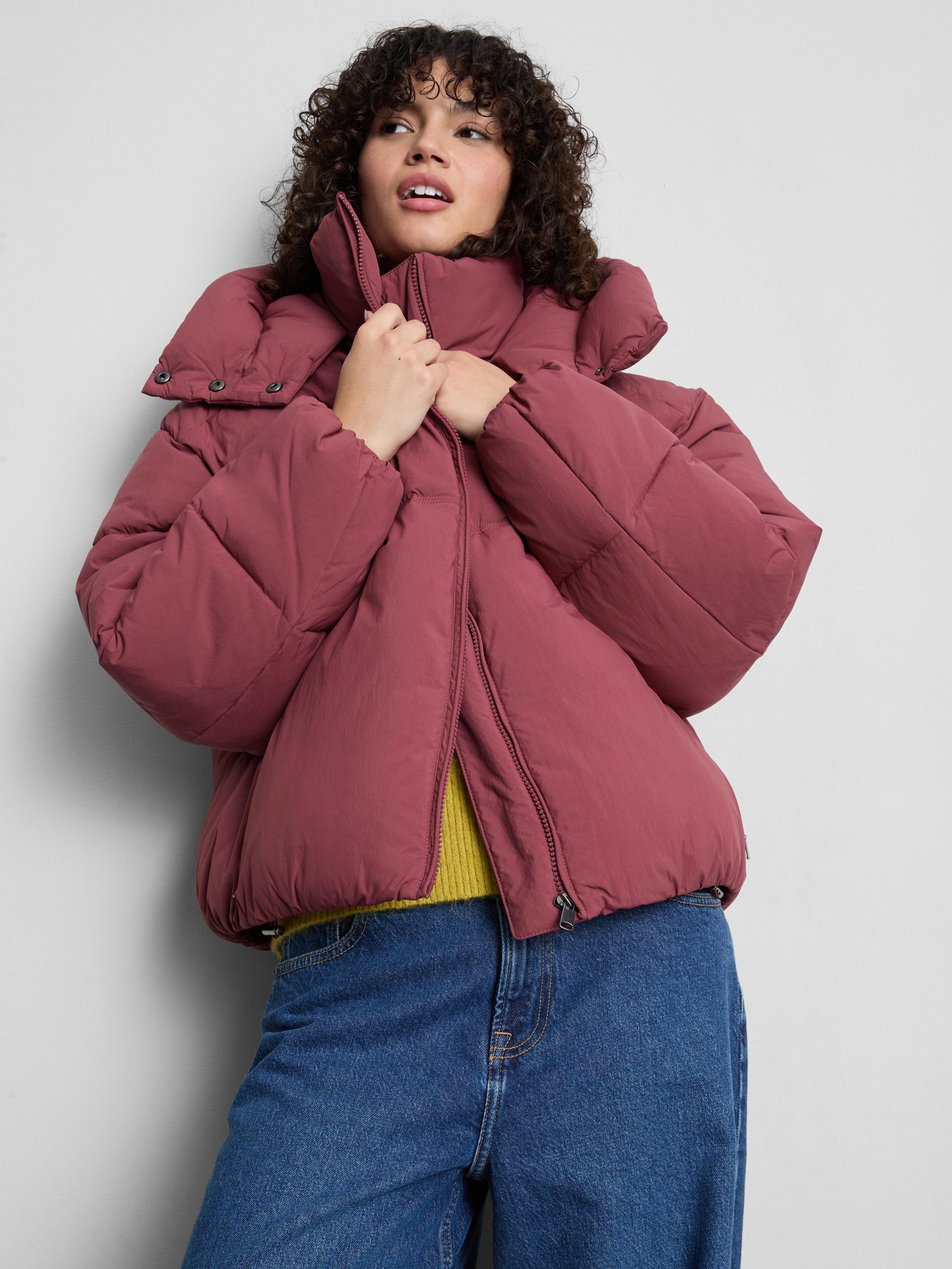 Rose Pink Oversized Cropped Puffer Jacket for a Playful Look — Winter Jackets for Women