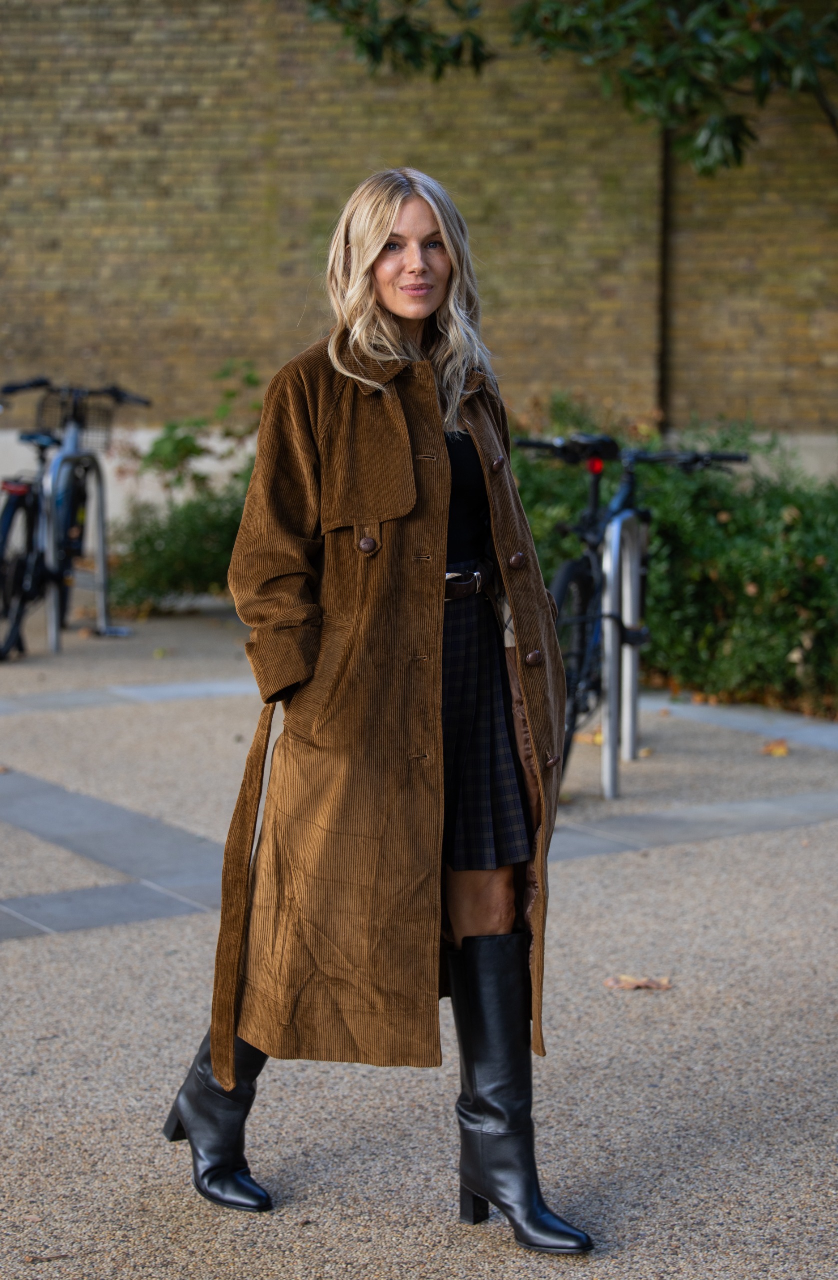 Corduroy Trench Coat and Plaid Skirt with Black Boots — Knee High Boots Outfits