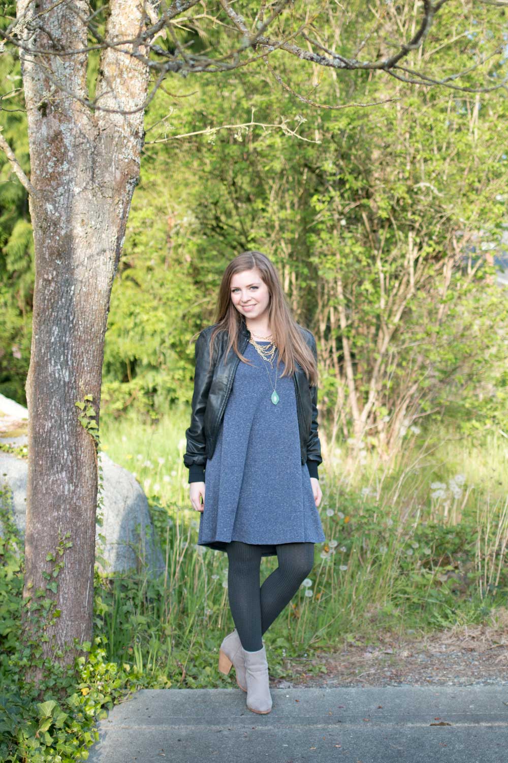 Charcoal Grey Patterned Tights with a Blue Dress and Leather Jacket Charcoal Grey Patterned Tights with a Blue Dress and Leather Jacket — Tights Outfits