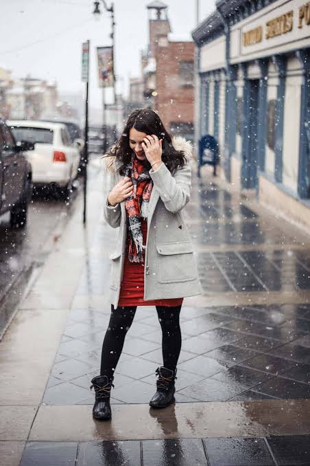 Snow Boots with Red Dress and Parka — Winter Boots Outfits