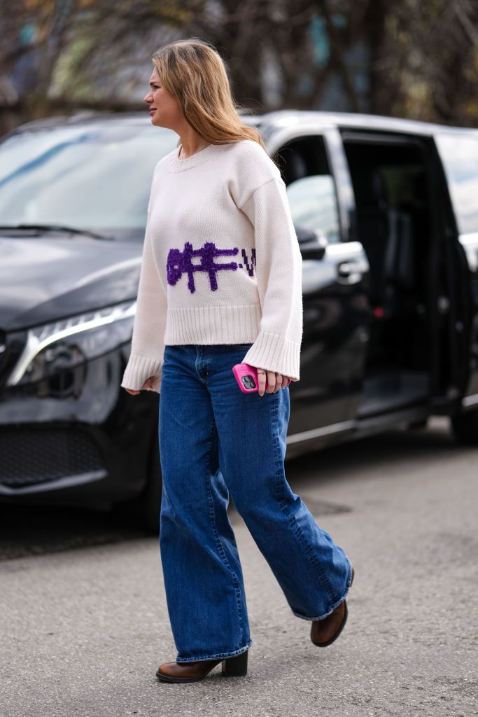 Cream Crewneck Sweater with Graphic Detail and Loafers — Oversized Sweater Outfits