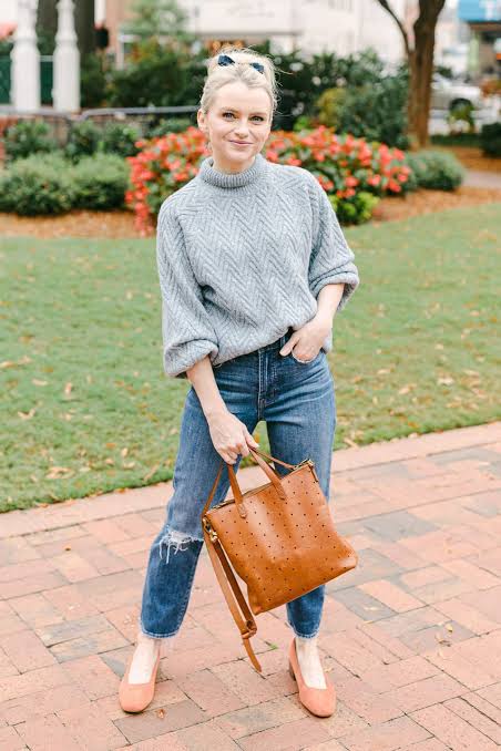 Light Blue Herringbone Knit Sweater with Pink Flats — Casual Winter Outfits