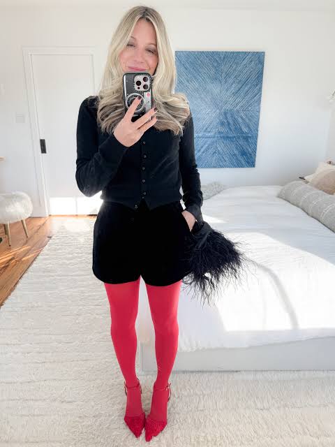 Bright Red Opaque Tights with Velvet Shorts and Heels Bright Red Opaque Tights with Velvet Shorts and Heels — Tights Outfits