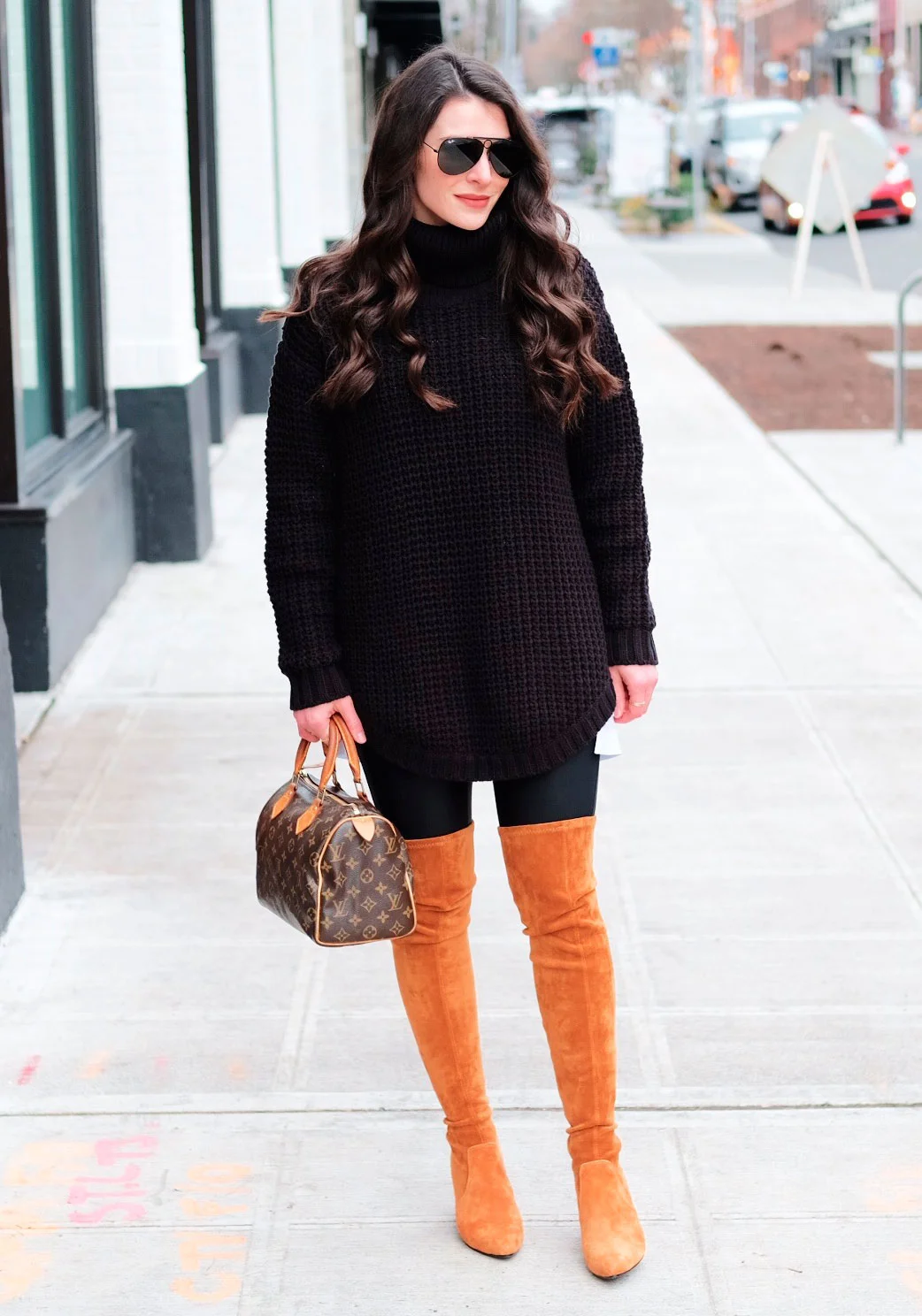 Casual Daytime with Tan Suede Boots and an Oversized Sweater Casual Daytime with Tan Suede Boots and an Oversized Sweater — Over the Knee Boots Outfits