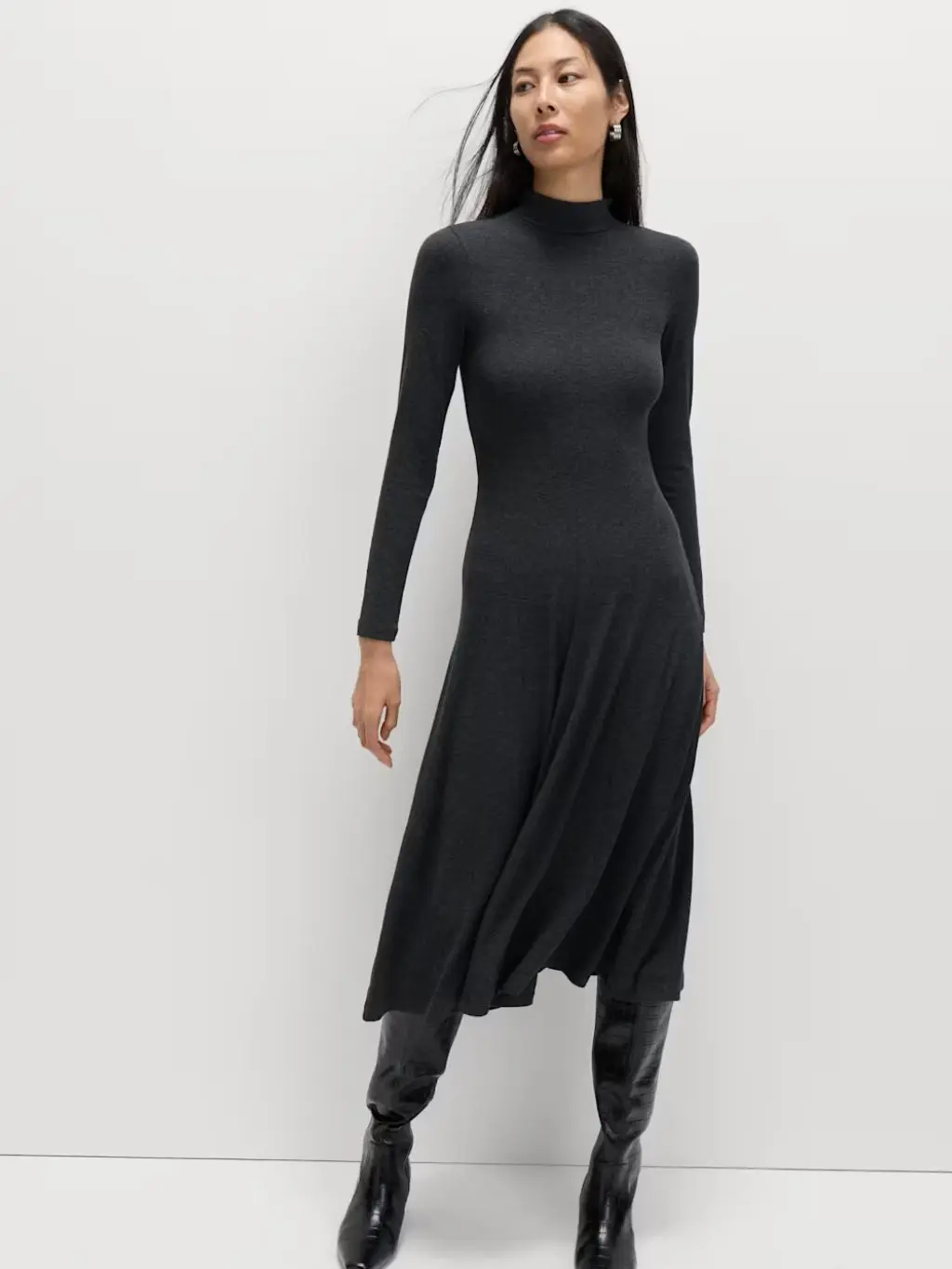Dark Grey Mock Neck Jersey Dress with Full Skirt — Winter Dress Outfits