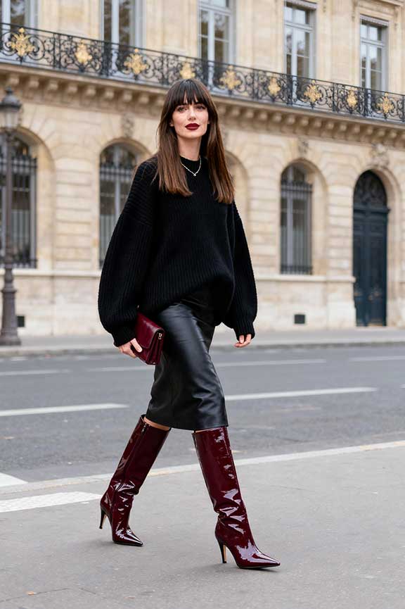 Burgundy Patent Boots with Leather Midi Skirt and Oversized Sweater — Knee High Boots Outfits