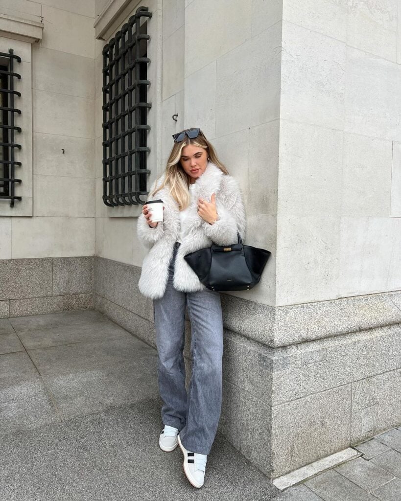 White Faux Fur Jacket White Knit Sweater Outfit Idea — Classy Winter Outfits