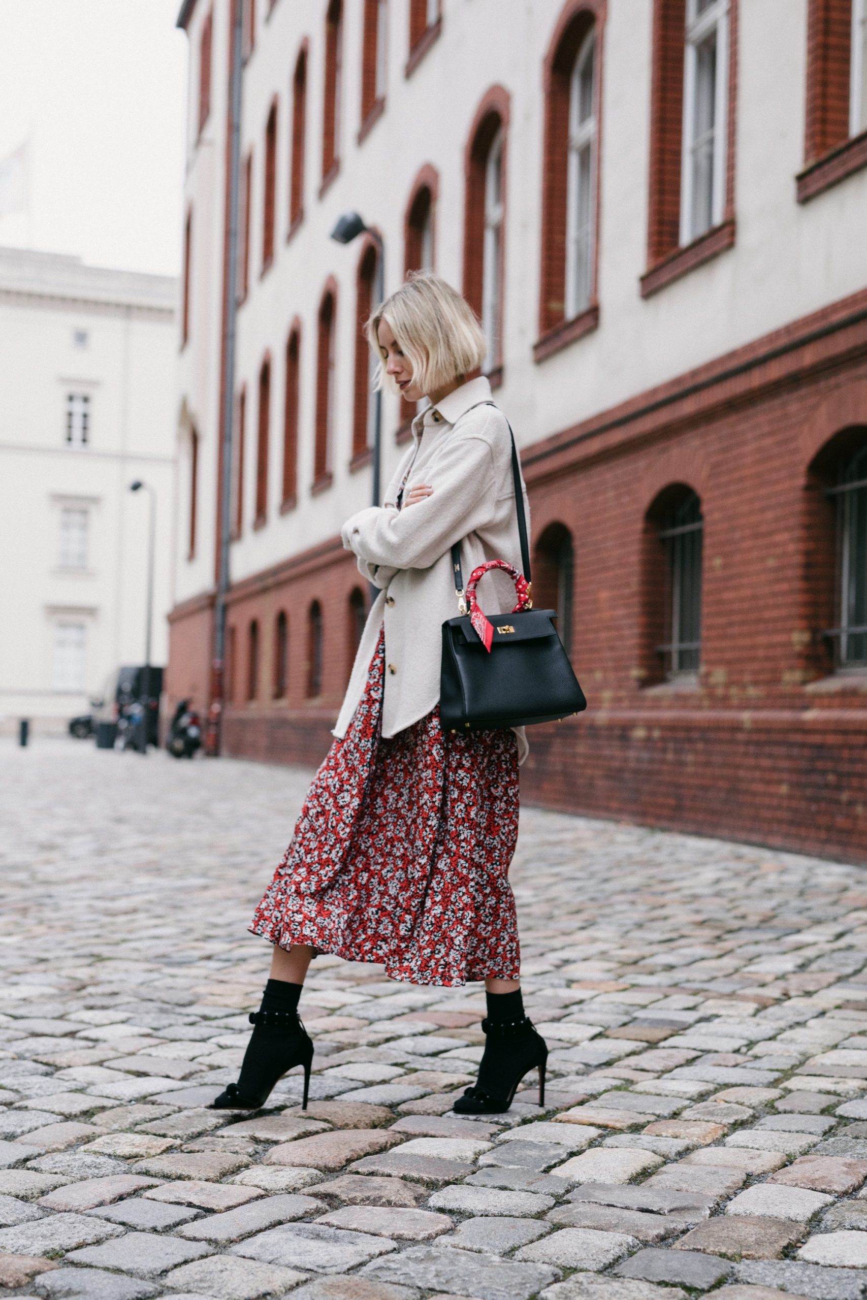 Red Floral Midi Dress with Cream Shacket and Scarf Accent — Early Winter Outfits