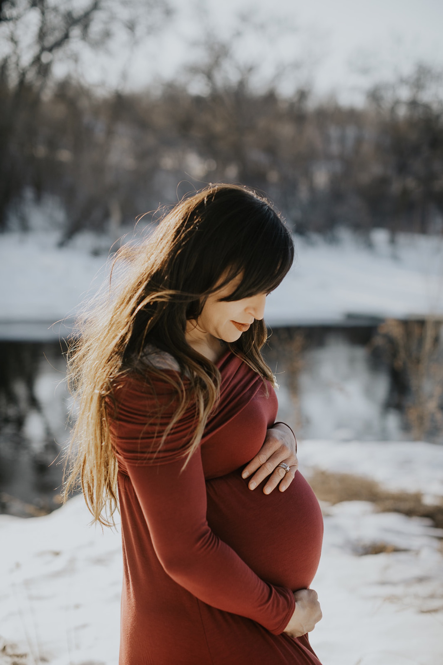 Striking Red Off-the-Shoulder Maternity Dress — Winter Maternity Outfits