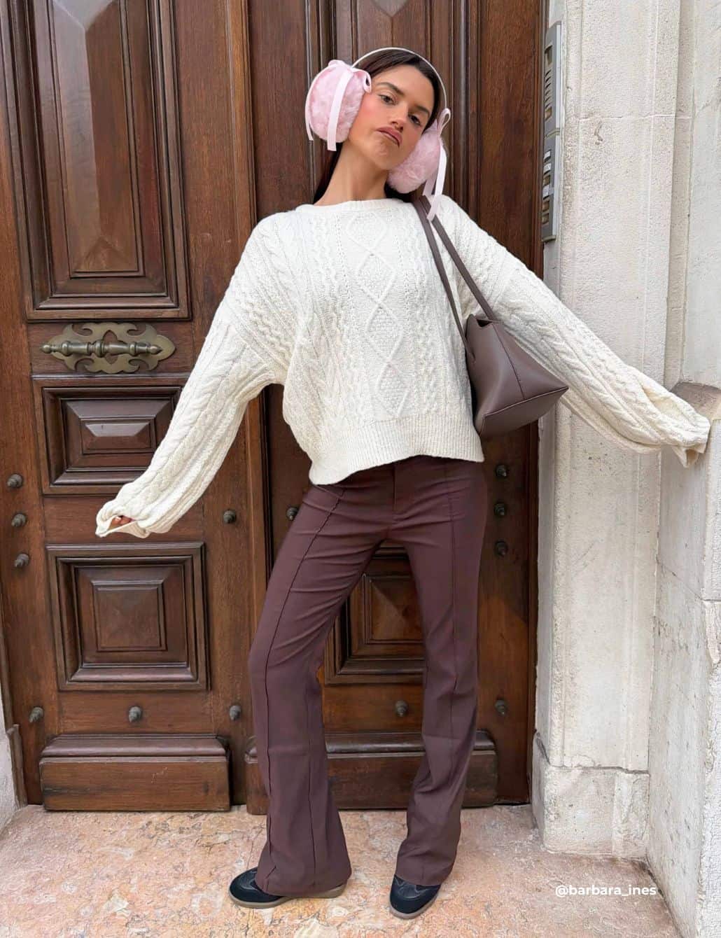 Cable-Knit Sweater with Flared Trousers and Earmuffs — Cold Weather Outfits
